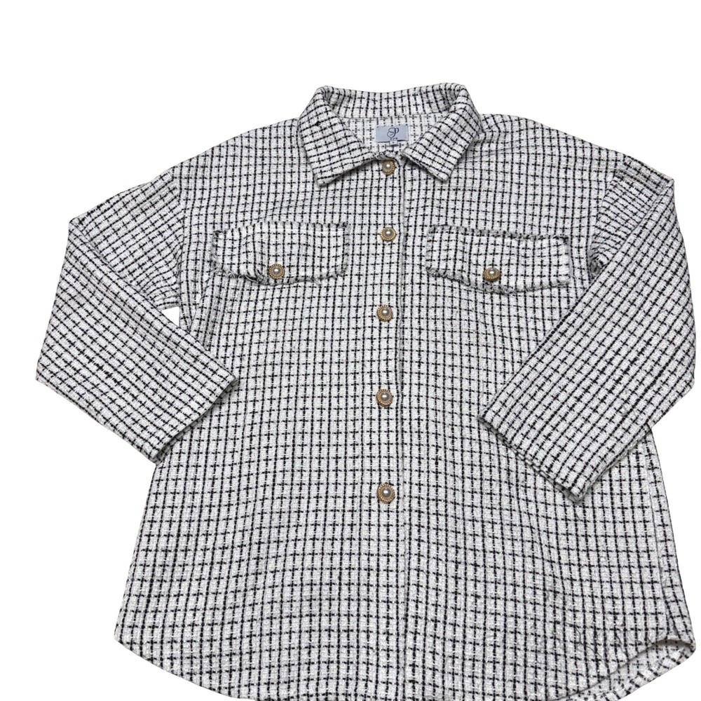PLM Womens Black White Jaquard Tweed‎ Shacket Pearl Button Shirt Jacket Small